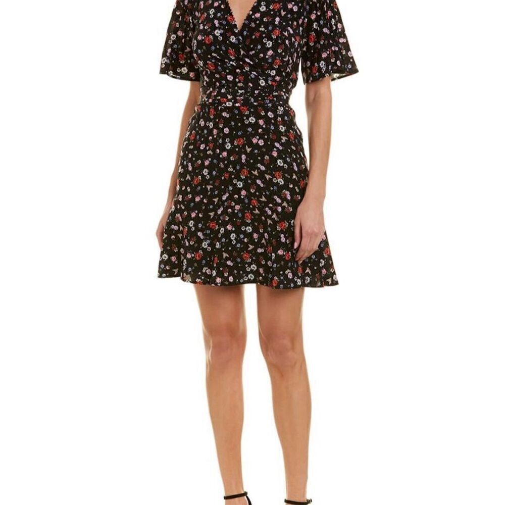 The Kooples Silk Dress S Black Mixed Flower V-Neck Fit & Flare Short Sleeve